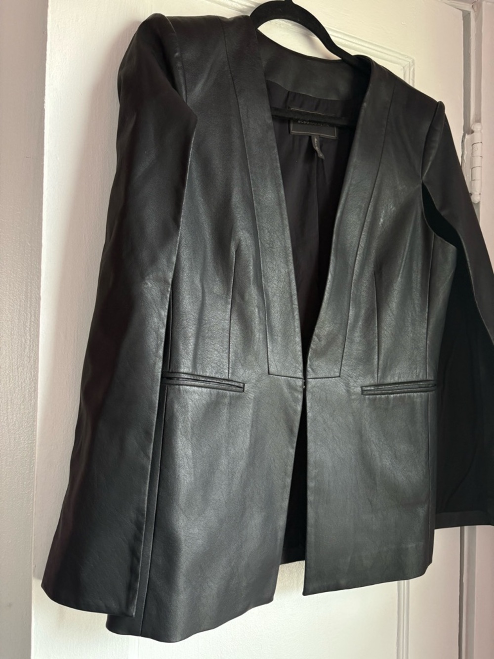 BCBGMaxAzria Black Faux Leather Open-Front Blazer - Picture 3 of 6